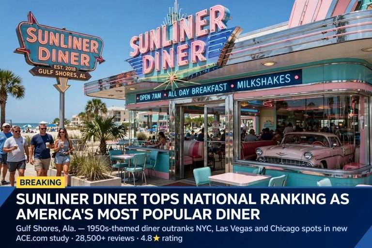 Illustration for the news story: Sunliner Diner in Gulf Shores Tops National Ranking as America’s Most Popular Diner