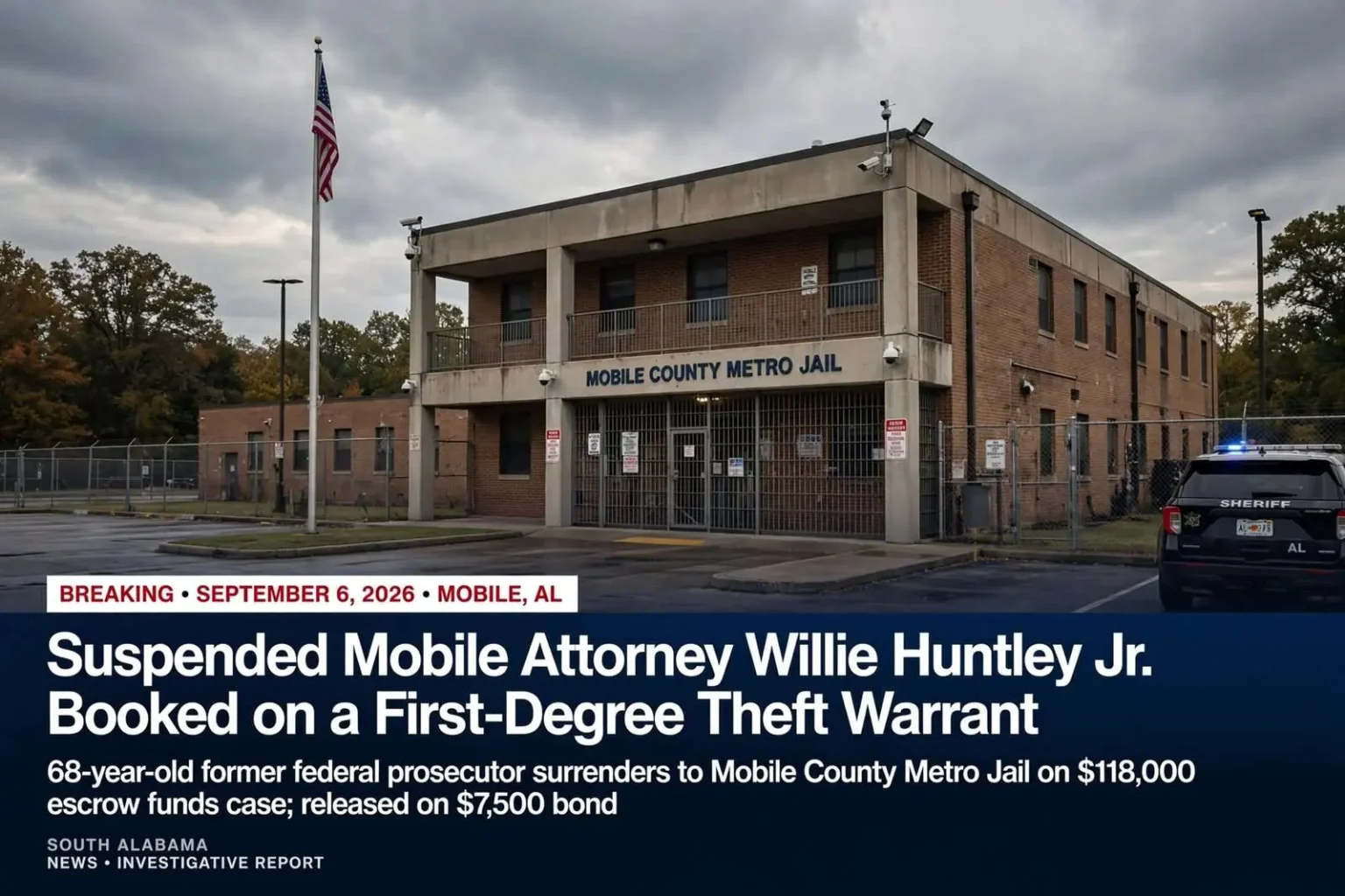 Illustration for the news story: Suspended Mobile Attorney Willie Huntley Jr. Booked on a First-Degree Theft Warrant