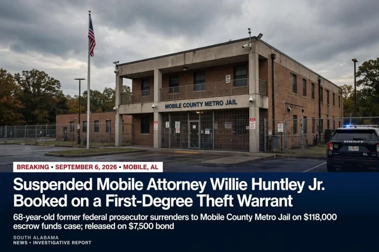 Illustration for the news story: Suspended Mobile Attorney Willie Huntley Jr. Booked on a First-Degree Theft Warrant