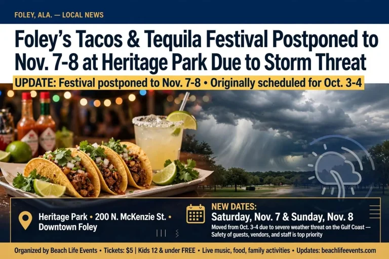 Illustration for the news story: Foley’s Tacos & Tequila Festival Postponed to Nov. 7-8 at Heritage Park Due to Storm Threat