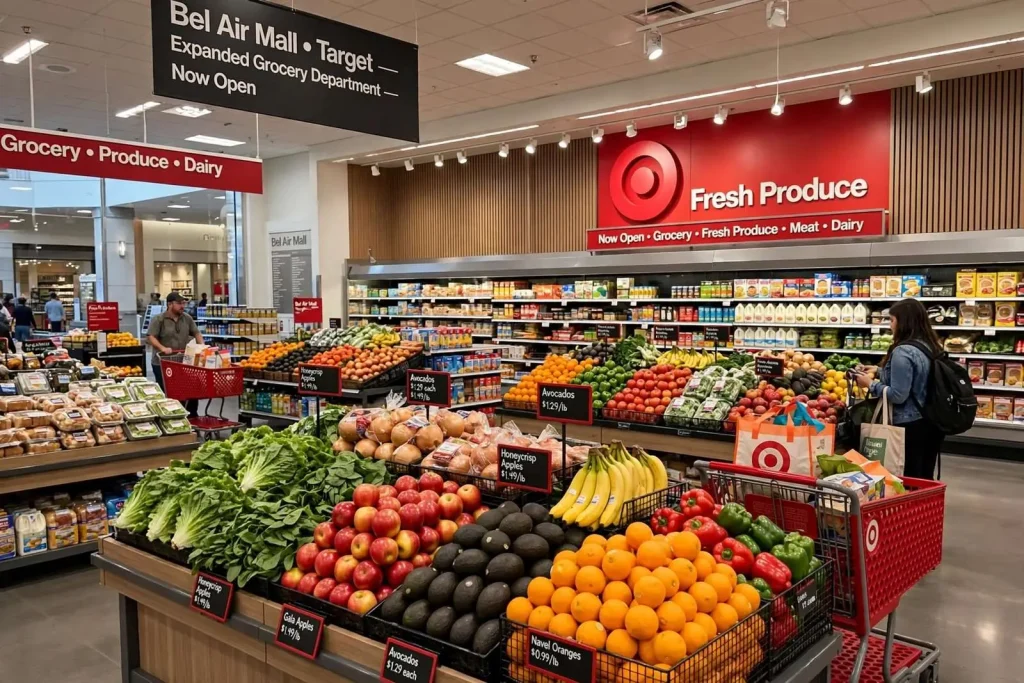 Illustration for the news story: Target’s Bel Air Mall Remodel Adds a Full Grocery Section With Fresh Produce