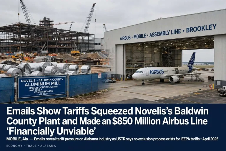 Illustration for the news story: Emails Show Tariffs Squeezed Novelis’s Baldwin County Plant and Made an $850 Million Airbus Line ‘Financially Unviable’