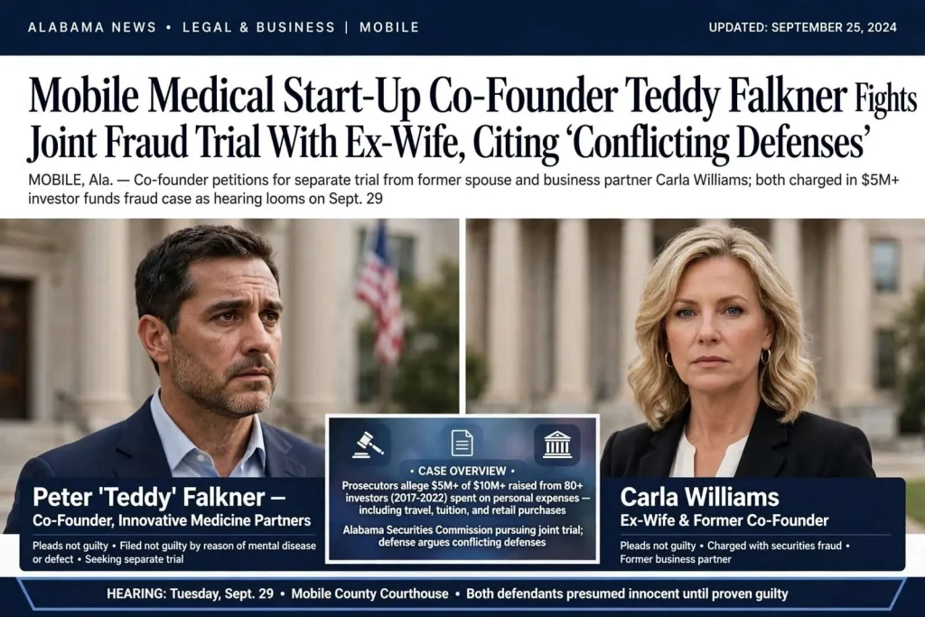 Illustration for the news story: Mobile Medical Start-Up Co-Founder Teddy Falkner Fights Joint Fraud Trial With Ex-Wife, Citing ‘Conflicting Defenses’