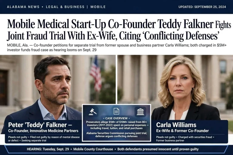 Illustration for the news story: Mobile Medical Start-Up Co-Founder Teddy Falkner Fights Joint Fraud Trial With Ex-Wife, Citing ‘Conflicting Defenses’