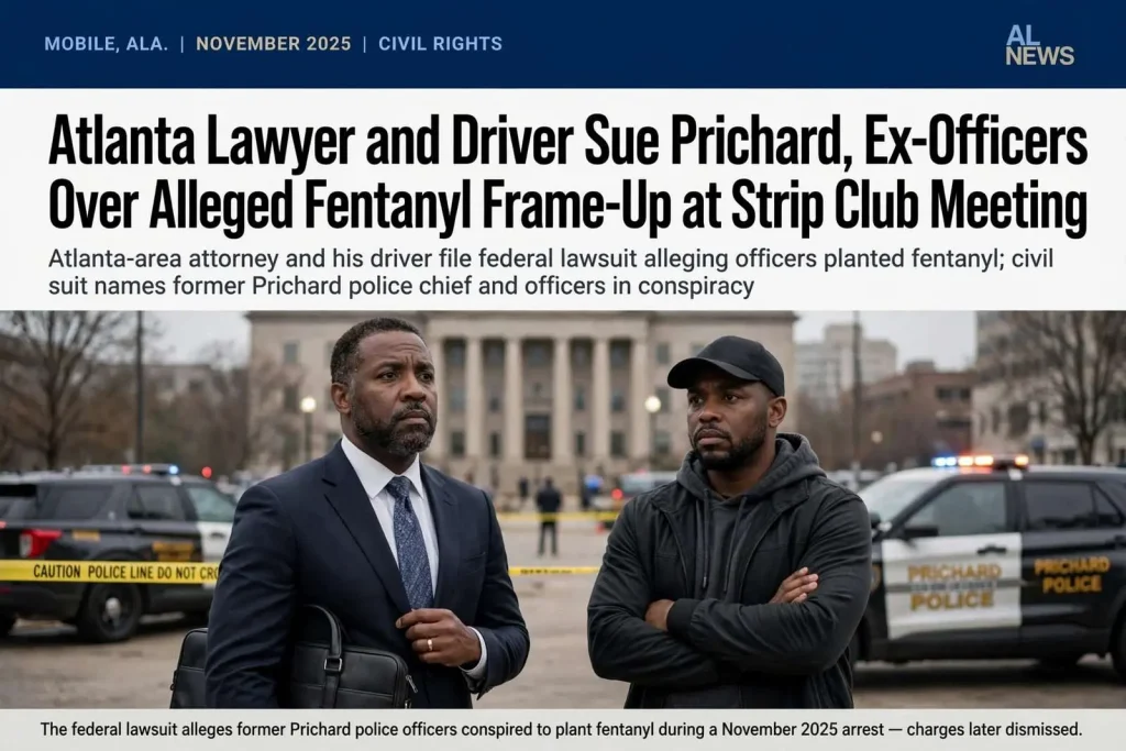 Illustration for the news story: Atlanta Lawyer and Driver Sue Prichard, Ex-Officers Over Alleged Fentanyl Frame-Up at Strip Club Meeting