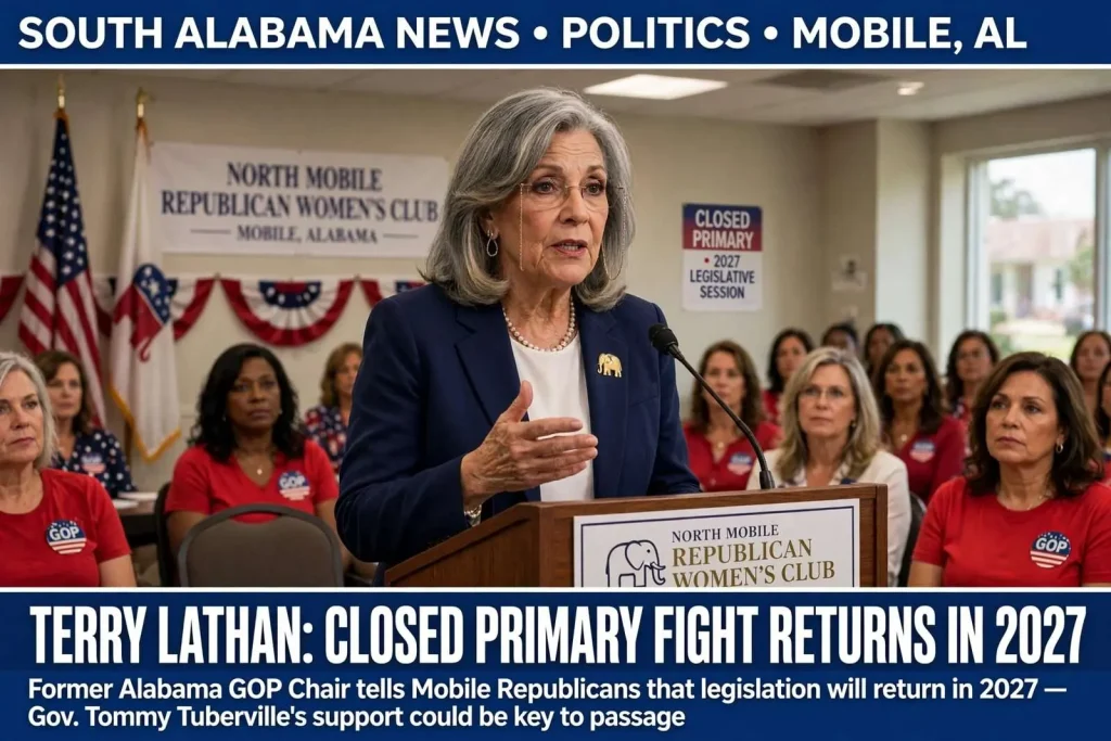 Illustration for the news story: Terry Lathan Tells Mobile Republicans the Closed Primary Fight Returns in 2027