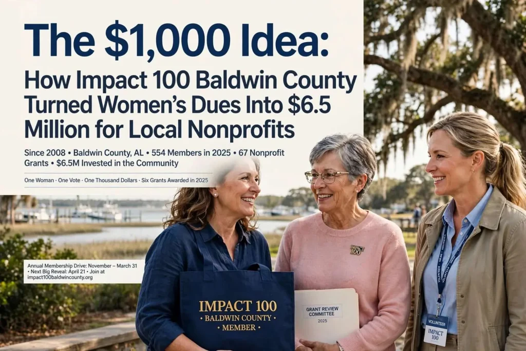 Illustration for the news story: The $1,000 Idea: How Impact 100 Baldwin County Turned Women’s Dues Into $6.5 Million for Local Nonprofits