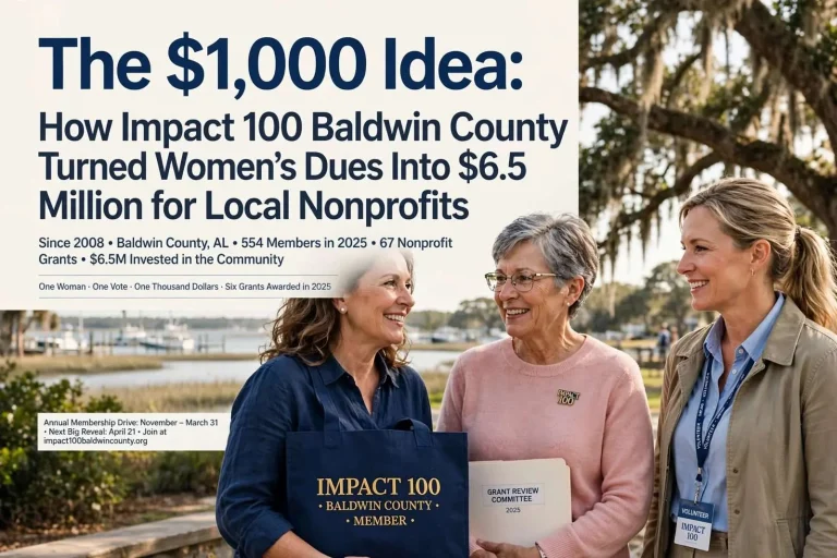 Illustration for the news story: The $1,000 Idea: How Impact 100 Baldwin County Turned Women’s Dues Into $6.5 Million for Local Nonprofits