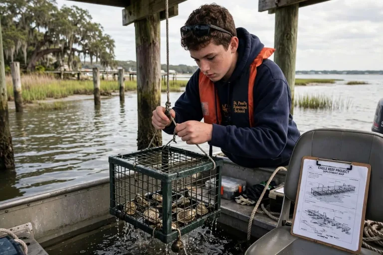 Illustration for the news story: The 17-Year-Old Who Set Out to Filter Mobile Bay, One Pier at a Time