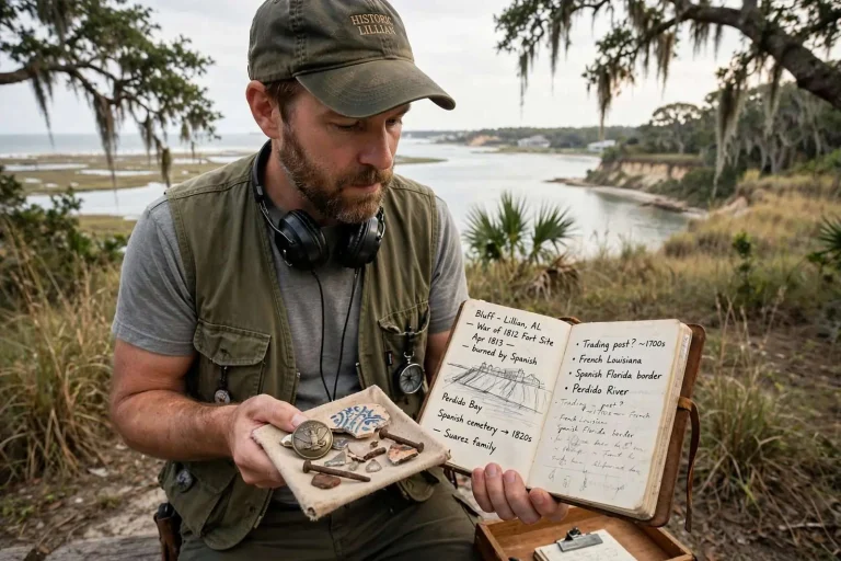 Illustration for the news story: The Amateur Archaeologist Uncovering Lillian’s Buried Past: War of 1812 Forts, Spanish Settlers and a Bluff Full of Clues