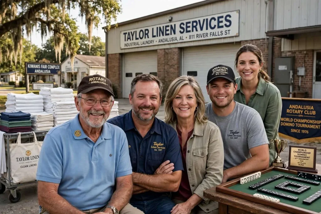Illustration for the news story: The Family Behind the Tablecloths: Taylor Linen Services and Andalusia’s World Championship Domino Tournament