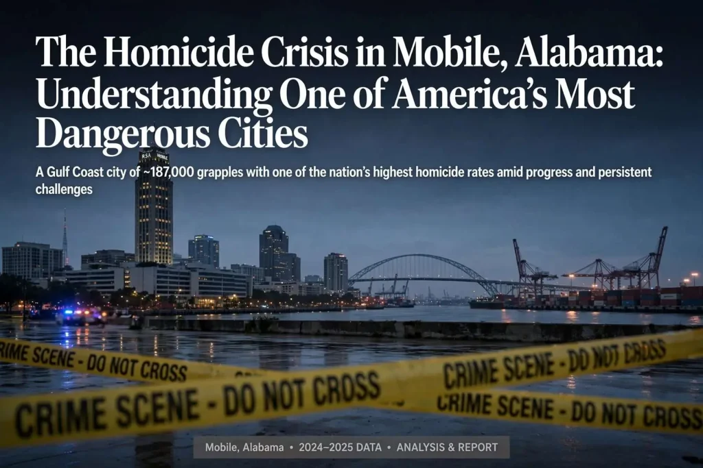 Illustration for the news story: The Homicide Crisis in Mobile, Alabama: Understanding One of America’s Most Dangerous Cities