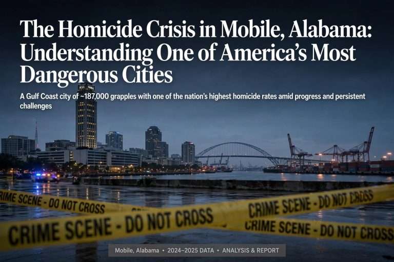 Illustration for the news story: The Homicide Crisis in Mobile, Alabama: Understanding One of America’s Most Dangerous Cities