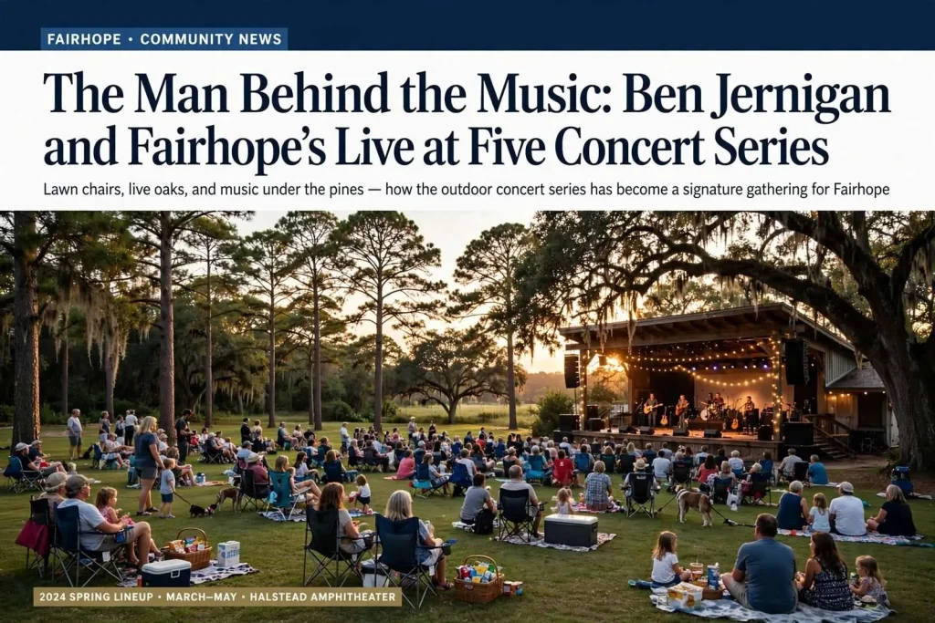 Illustration for the news story: The Man Behind the Music: Ben Jernigan and Fairhope’s Live at Five Concert Series