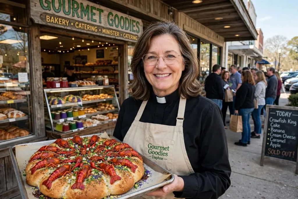 Illustration for the news story: The Minister Who Won a King Cake Contest by Accident: The Story of Gourmet Goodies in Daphne