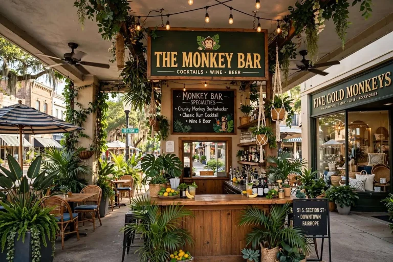 Illustration for the news story: The Monkey Bar: The Fairhope Cocktail Bar Built in an Old Bank Drive-Thru