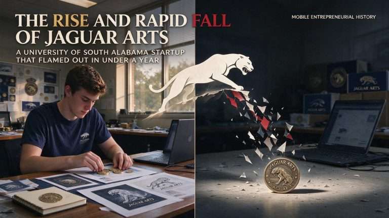 Illustration for the news story: The Rise and Rapid Fall of Jaguar Arts: How a University of South Alabama Startup Flamed Out in Under a Year