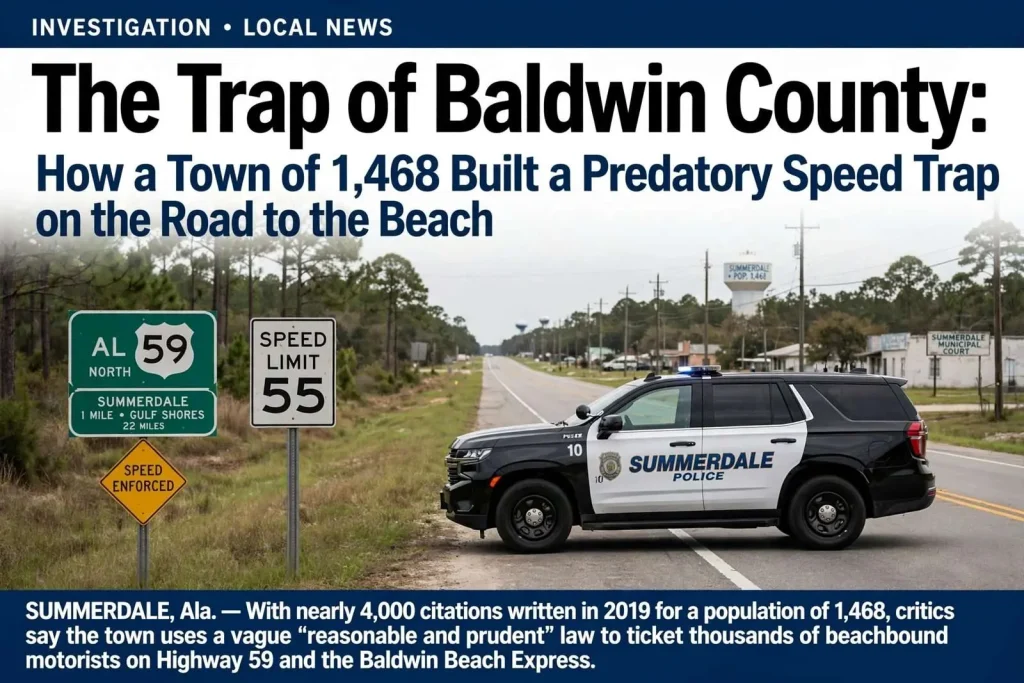 Illustration for the news story: The Trap of Baldwin County: How a Town of 1,468 Built a Predatory Speed Trap on the Road to the Beach