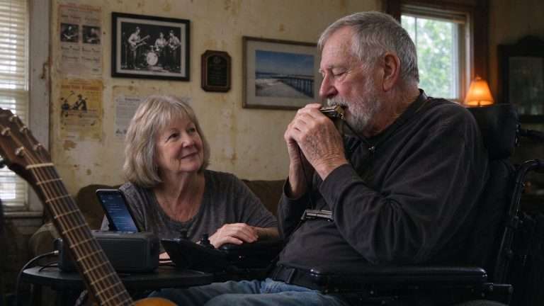 Illustration for the news story: The Wheelchair Harmonica Player Who Writes Songs He’ll Never Hear By Hand