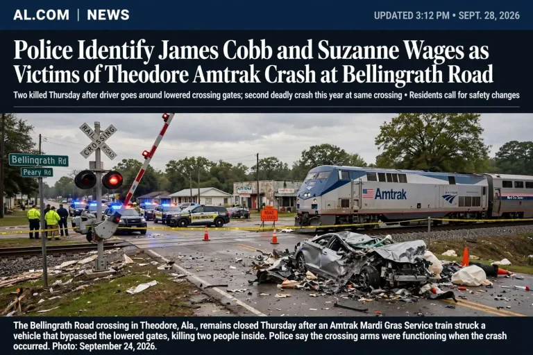 Illustration for the news story: Police Identify James Cobb and Suzanne Wages as Victims of Theodore Amtrak Crash at Bellingrath Road