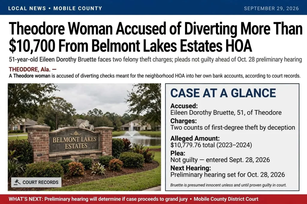 Illustration for the news story: Theodore Woman Accused of Diverting More Than $10,700 From Belmont Lakes Estates HOA