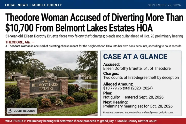 Illustration for the news story: Theodore Woman Accused of Diverting More Than $10,700 From Belmont Lakes Estates HOA