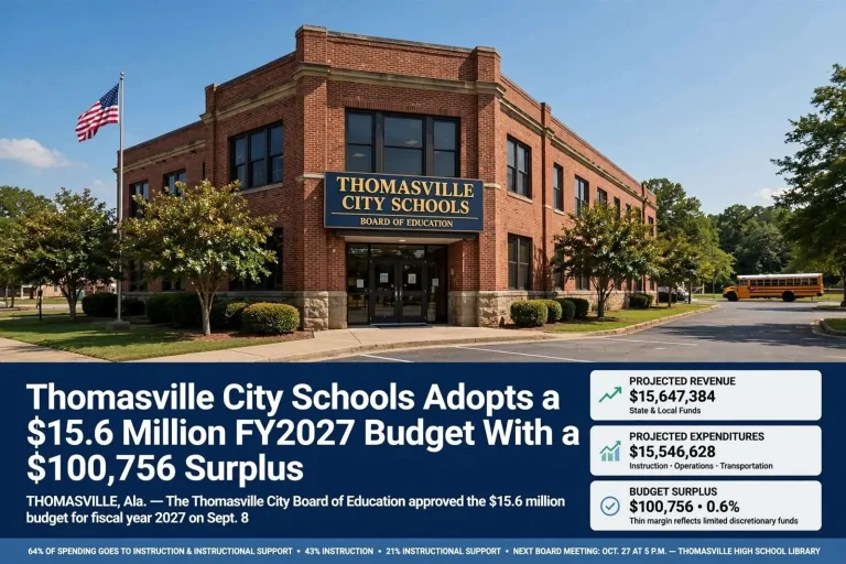 Illustration for the news story: Thomasville City Schools Adopts a $15.6 Million FY2027 Budget With a $100,756 Surplus