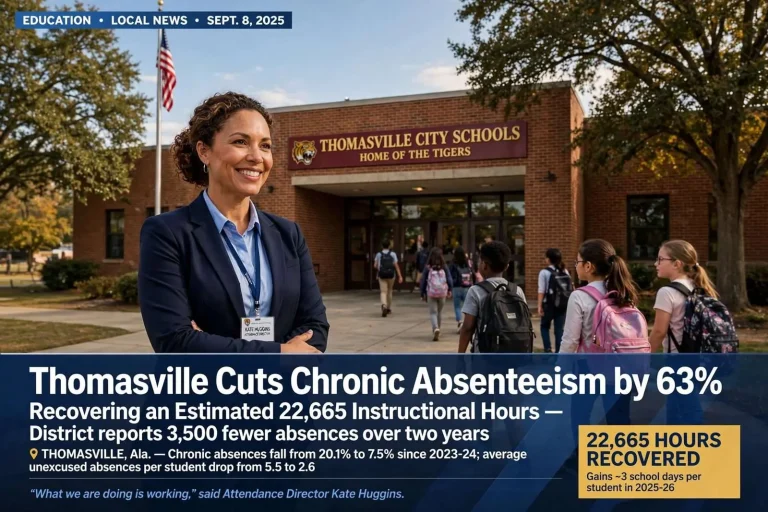 Illustration for the news story: Thomasville Cuts Chronic Absenteeism by 63%, Recovering an Estimated 22,665 Instructional Hours