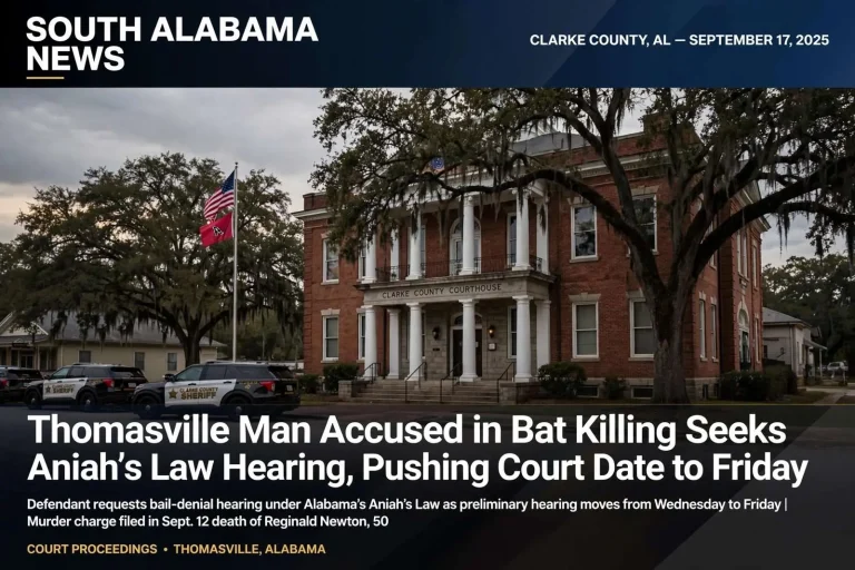 Illustration for the news story: Thomasville Man Accused in Bat Killing Seeks Aniah’s Law Hearing, Pushing Court Date to Friday
