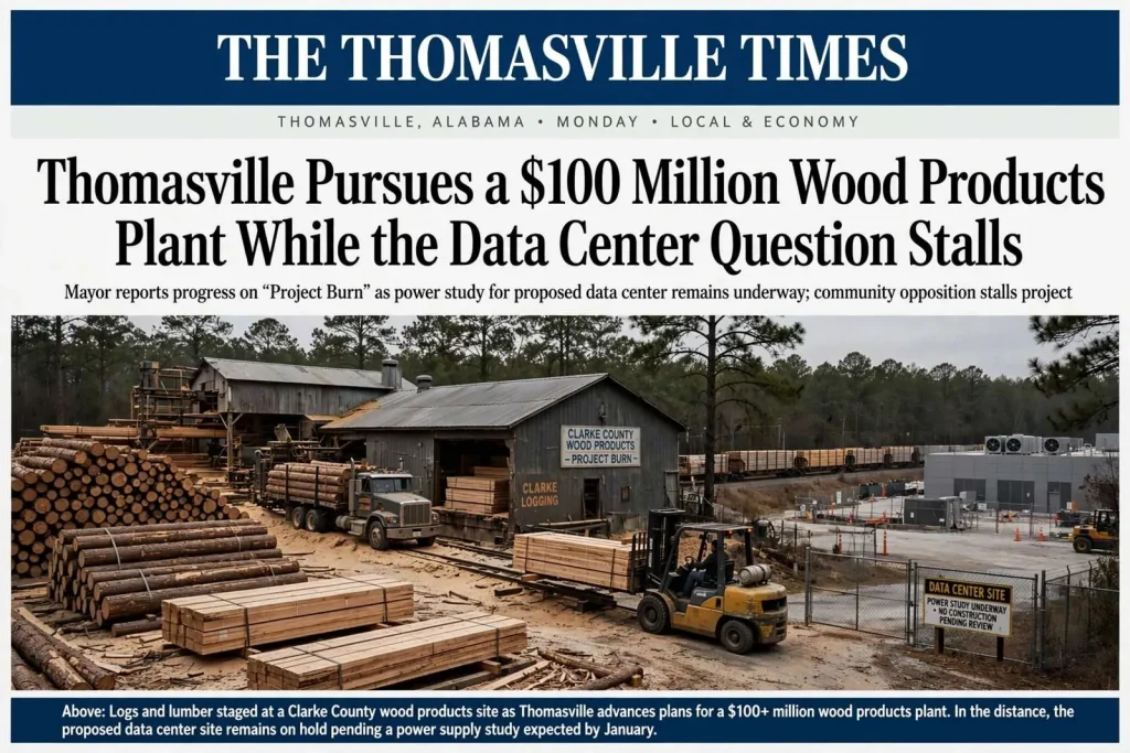 Illustration for the news story: Thomasville Pursues a $100 Million Wood Products Plant While the Data Center Question Stalls
