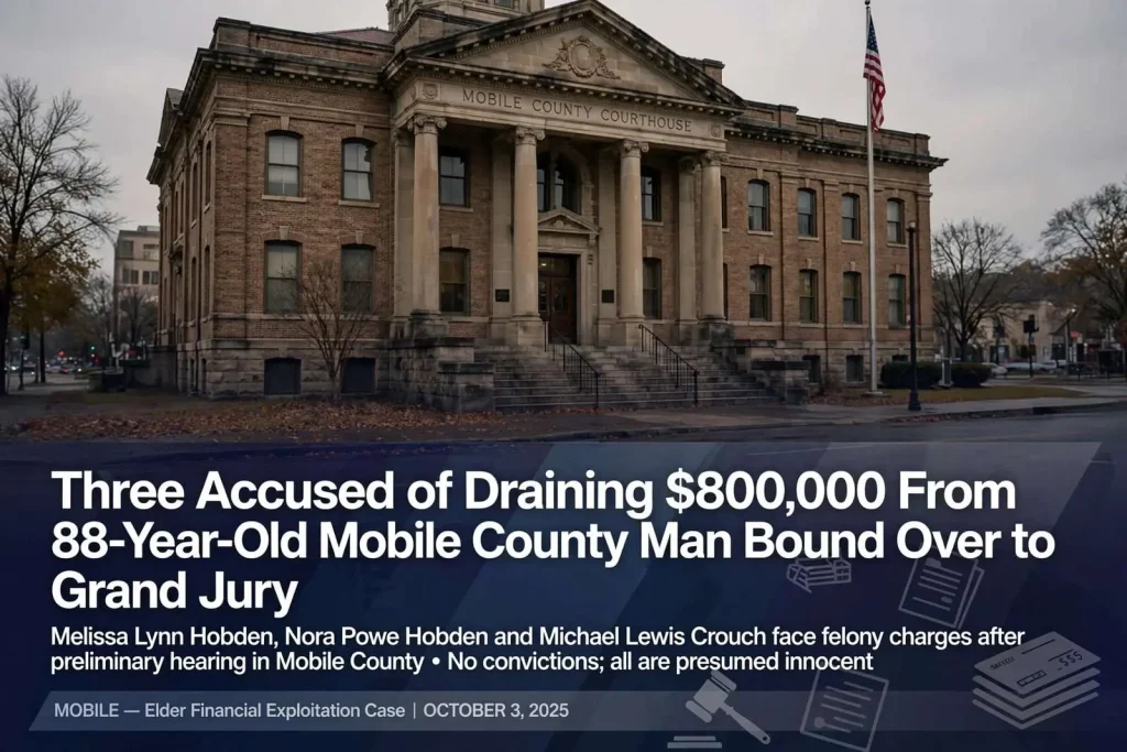 Illustration for the news story: Three Accused of Draining $800,000 From 88-Year-Old Mobile County Man Bound Over to Grand Jury