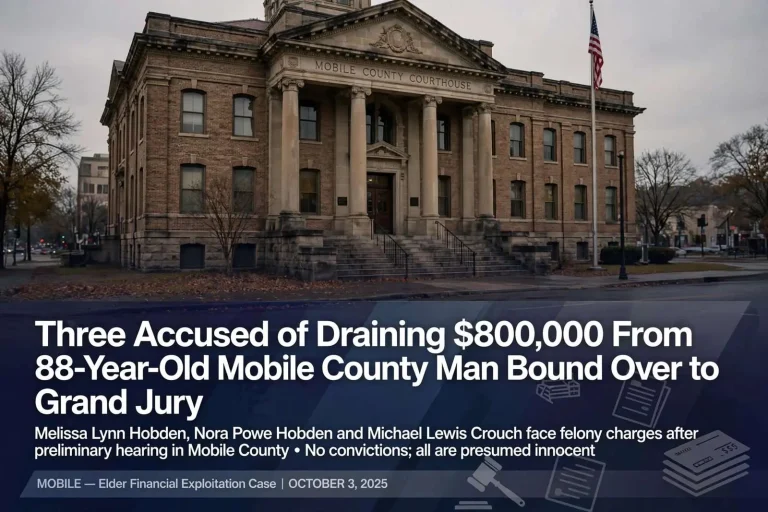 Illustration for the news story: Three Accused of Draining $800,000 From 88-Year-Old Mobile County Man Bound Over to Grand Jury