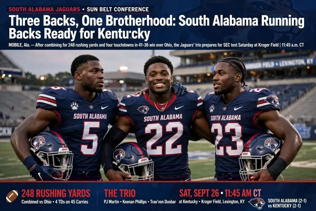 Illustration for the news story: Three Backs, One Brotherhood: South Alabama Running Backs Ready for Kentucky