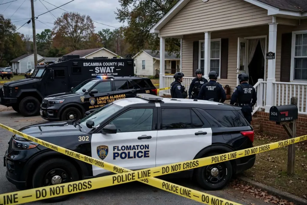 Illustration for the news story: Three charged after Flomaton narcotics search warrant at College Street home