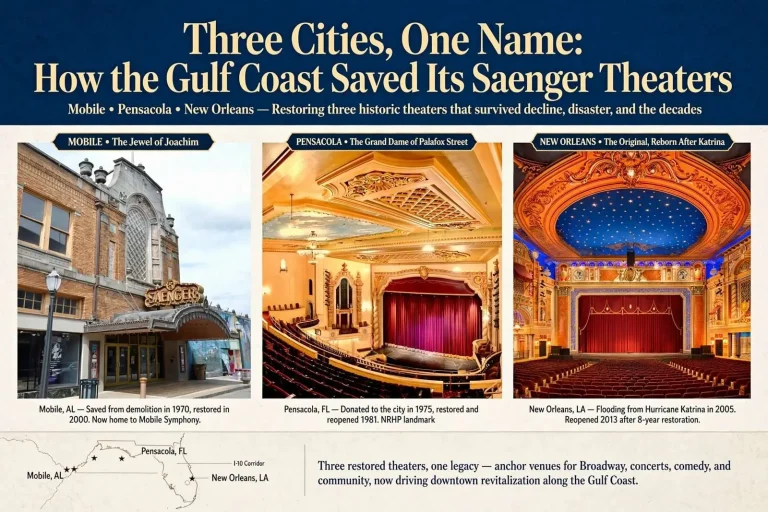 Illustration for the news story: Three Cities, One Name: How the Gulf Coast Saved Its Saenger Theaters