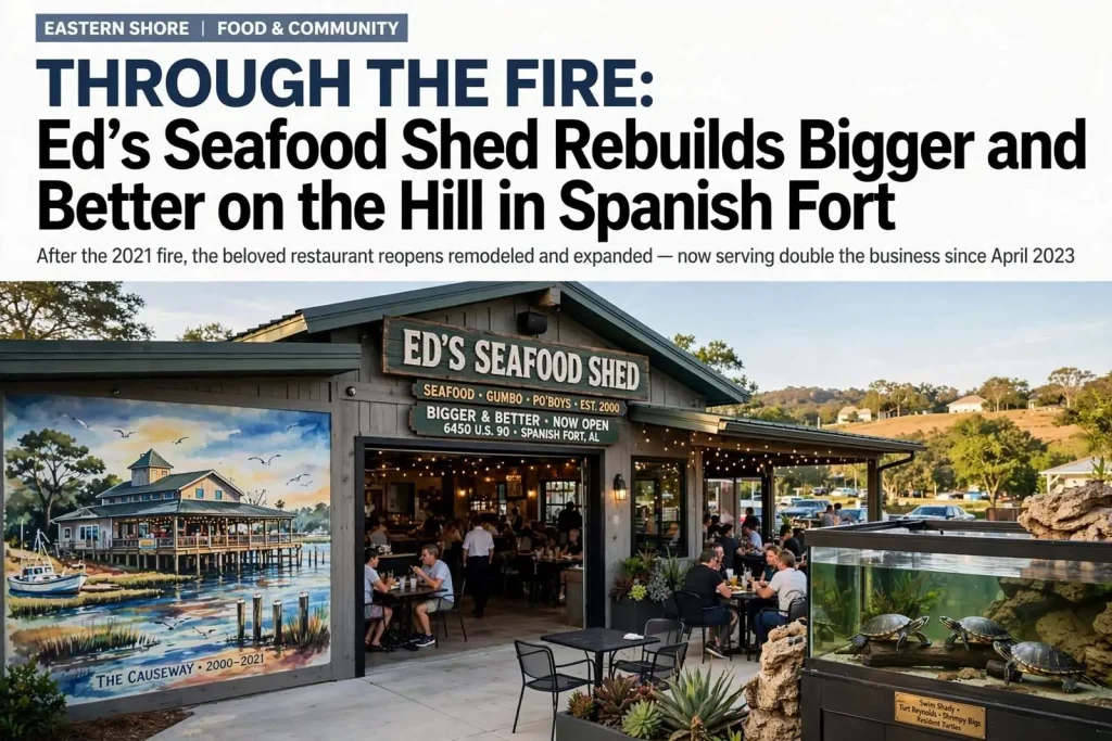 Illustration for the news story: Through the Fire: Ed’s Seafood Shed Rebuilds Bigger and Better on the Hill in Spanish Fort