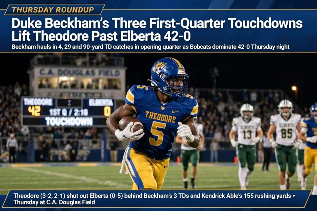 Illustration for the news story: Thursday Roundup: Duke Beckham’s Three First-Quarter Touchdowns Lift Theodore Past Elberta 42-0