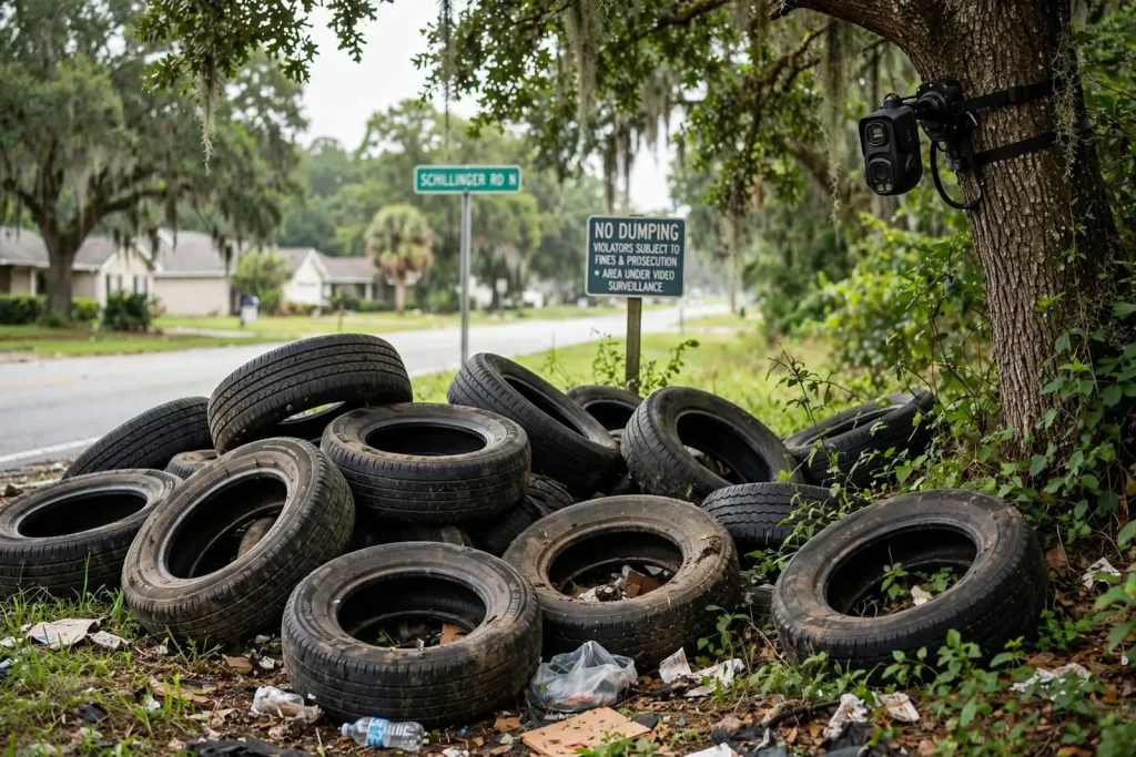 Illustration for the news story: Tires on the Roads, Cameras in the Trees: Mobile Council Wants Litterers Shamed on TV
