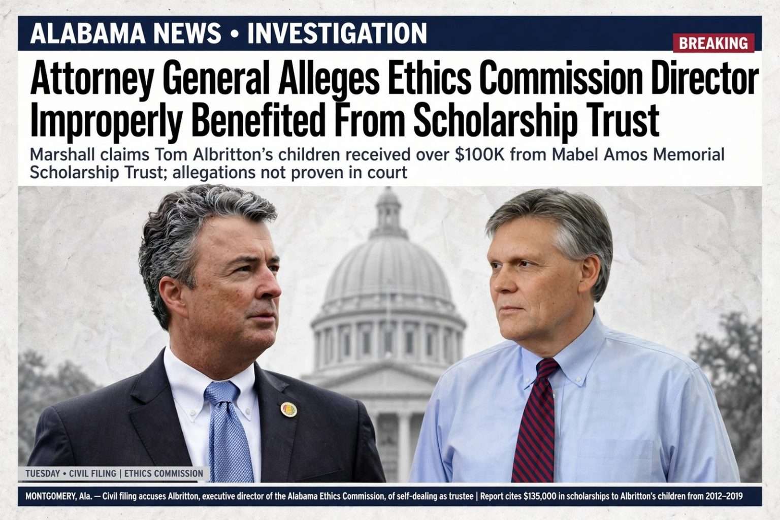 Illustration for the news story: Attorney General Alleges Ethics Commission Director Tom Albritton Improperly Benefited From Scholarship Trust