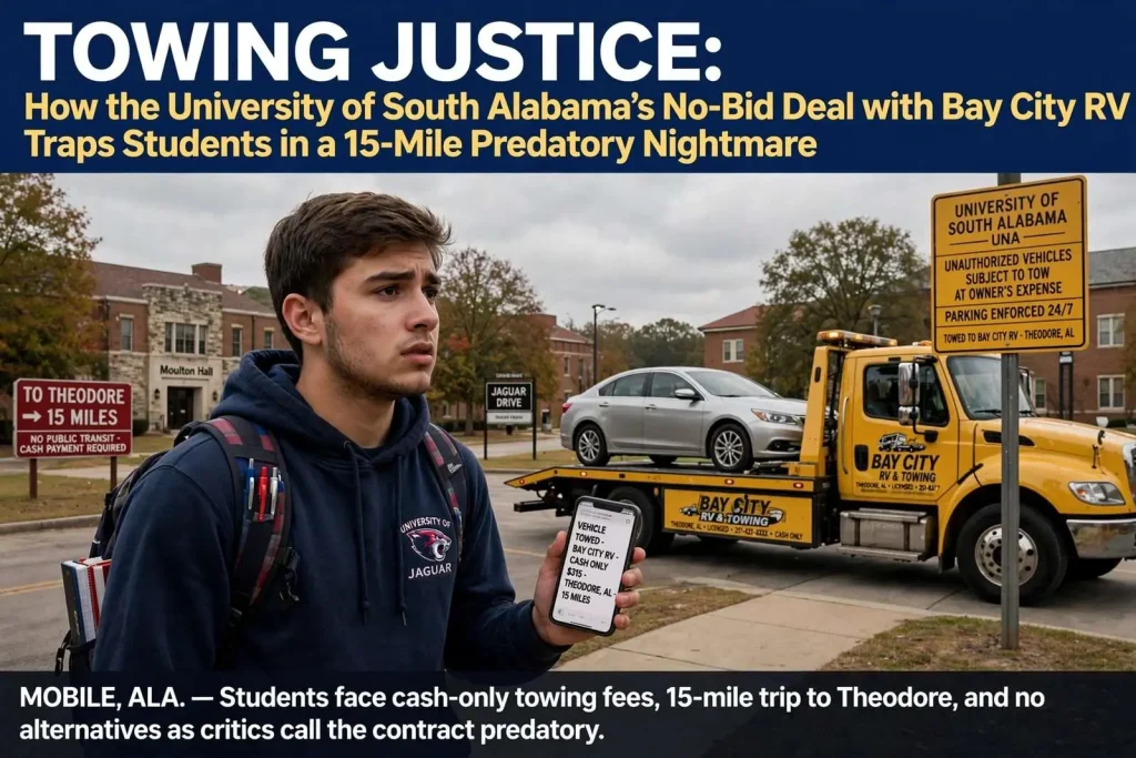 Illustration for the news story: Towing Justice: How the University of South Alabama’s No-Bid Deal with Bay City RV Traps Students in a 15-Mile Predatory Nightmare