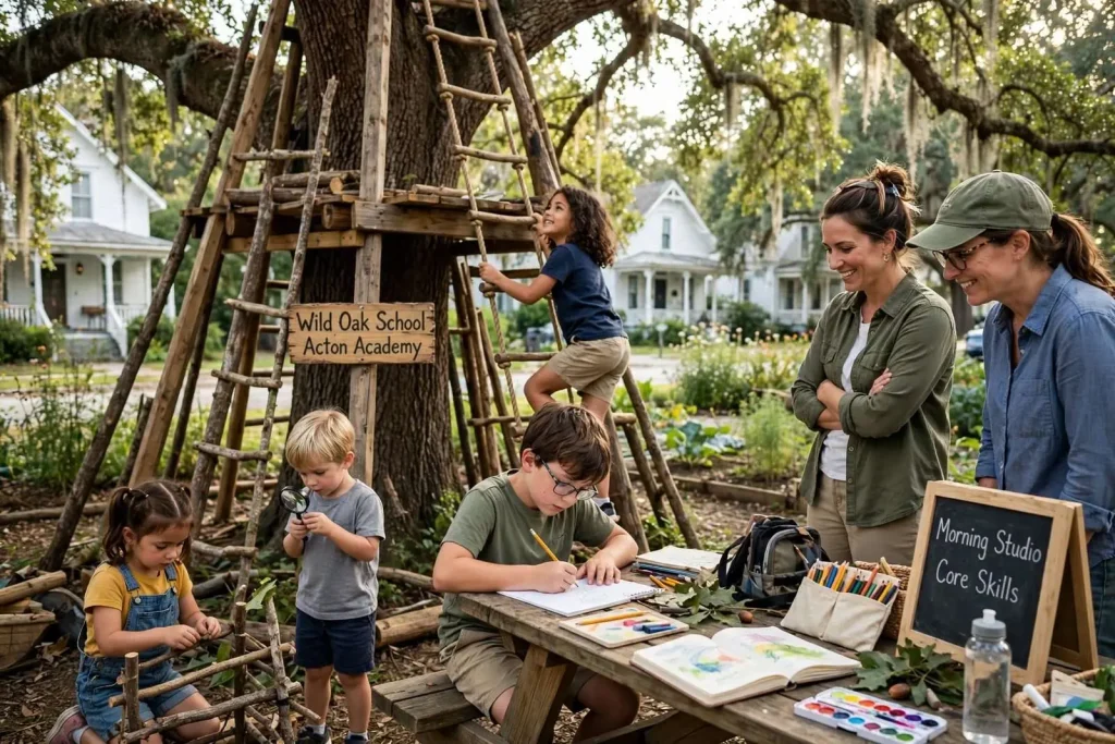 Illustration for the news story: Tree Forts and Self-Paced Learning: How Wild Oak School Took Root in East Hill