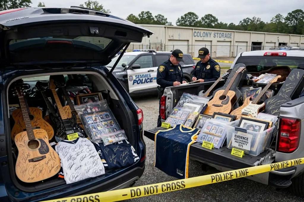 Illustration for the news story: Eight Mile Arrest in $130,000 Memorabilia Theft: Two Vehicles Full of Signed Guitars and Jerseys Recovered
