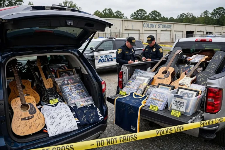 Illustration for the news story: Eight Mile Arrest in $130,000 Memorabilia Theft: Two Vehicles Full of Signed Guitars and Jerseys Recovered