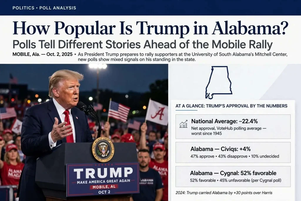 Illustration for the news story: How Popular Is Trump in Alabama? Polls Tell Different Stories Ahead of the Mobile Rally