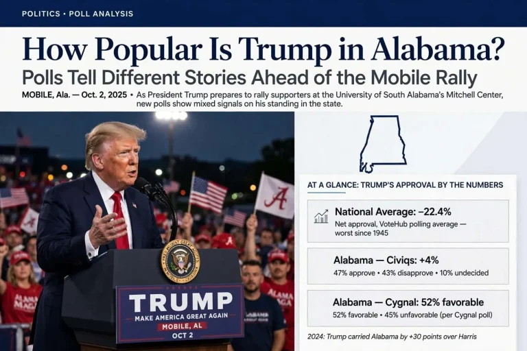 Illustration for the news story: How Popular Is Trump in Alabama? Polls Tell Different Stories Ahead of the Mobile Rally