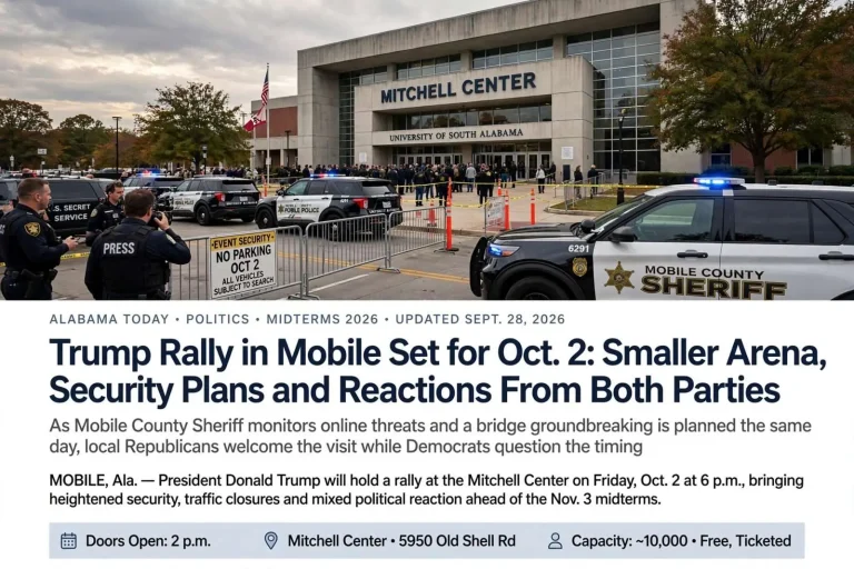 Illustration for the news story: Trump Rally in Mobile Set for Oct. 2: Smaller Arena, Security Plans and Reactions From Both Parties