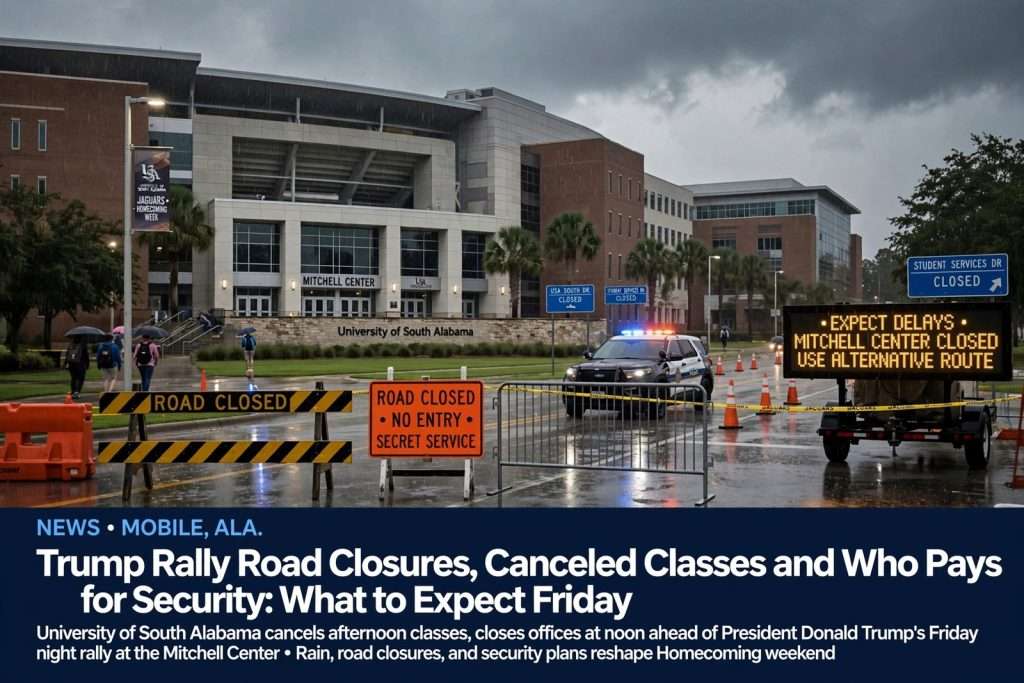 Illustration for the news story: Trump Rally Road Closures, Canceled Classes and Who Pays for Security: What to Expect Friday