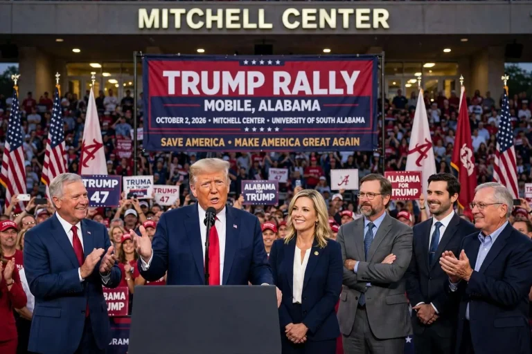 Illustration for the news story: Trump Rally Speaker Lineup: Tuberville to Introduce President in Mobile; Britt, Moore, Marques on Program