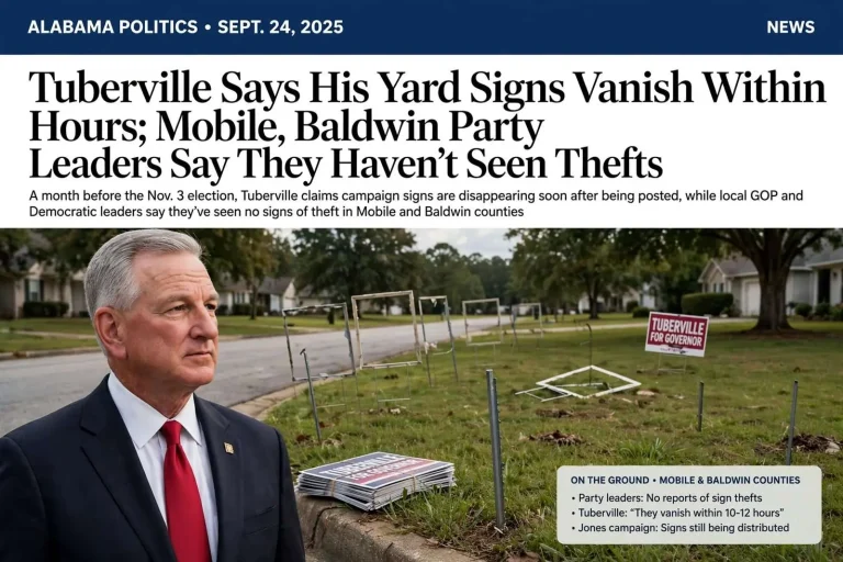 Illustration for the news story: Tuberville Says His Yard Signs Vanish Within Hours; Mobile, Baldwin Party Leaders Say They Haven’t Seen Thefts