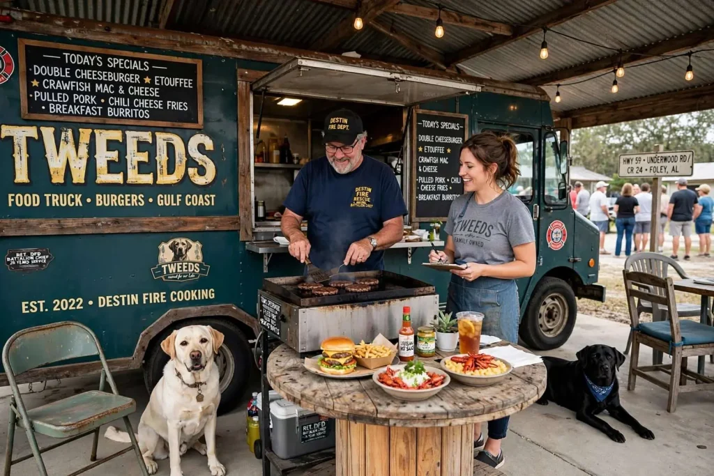 Illustration for the news story: Tweeds Food Truck: Retired Destin Fire Chief Grills Foley’s Buzzworthy Burgers